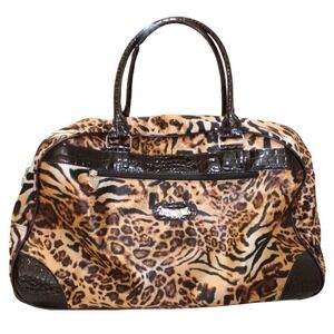 Kathy Van Zeeland Rolling Duffel Bag Women Large Brown Leopard Tiger Print Good
